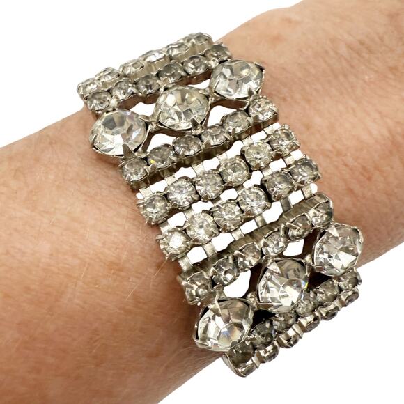 vintage 1" wide Rhinestone Bracelet clear iridescent rhinestones costume jewelry - Picture 1 of 8